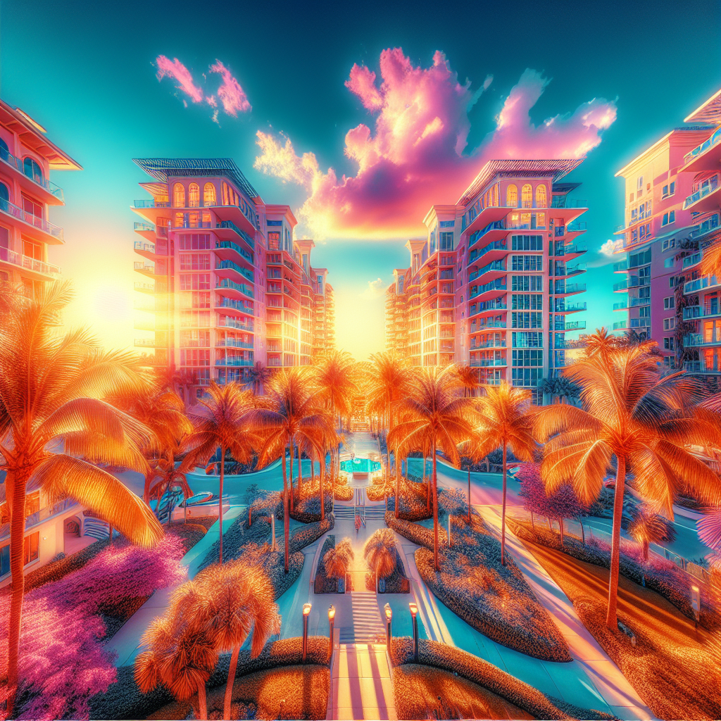 A scenic view of modern apartment buildings in Boca Raton with palm trees and blue skies