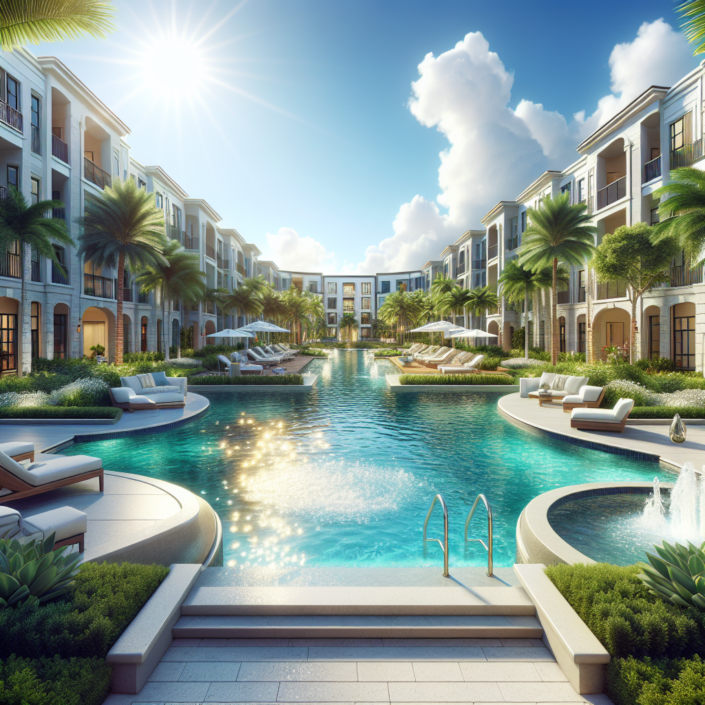 A sunny day view of luxurious apartment community with modern architecture in Boca Raton, featuring a sparkling pool and lush landscaping