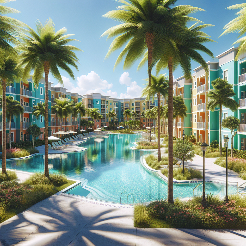 A sunny view of a vibrant Florida apartment complex with palm trees and swimming pools