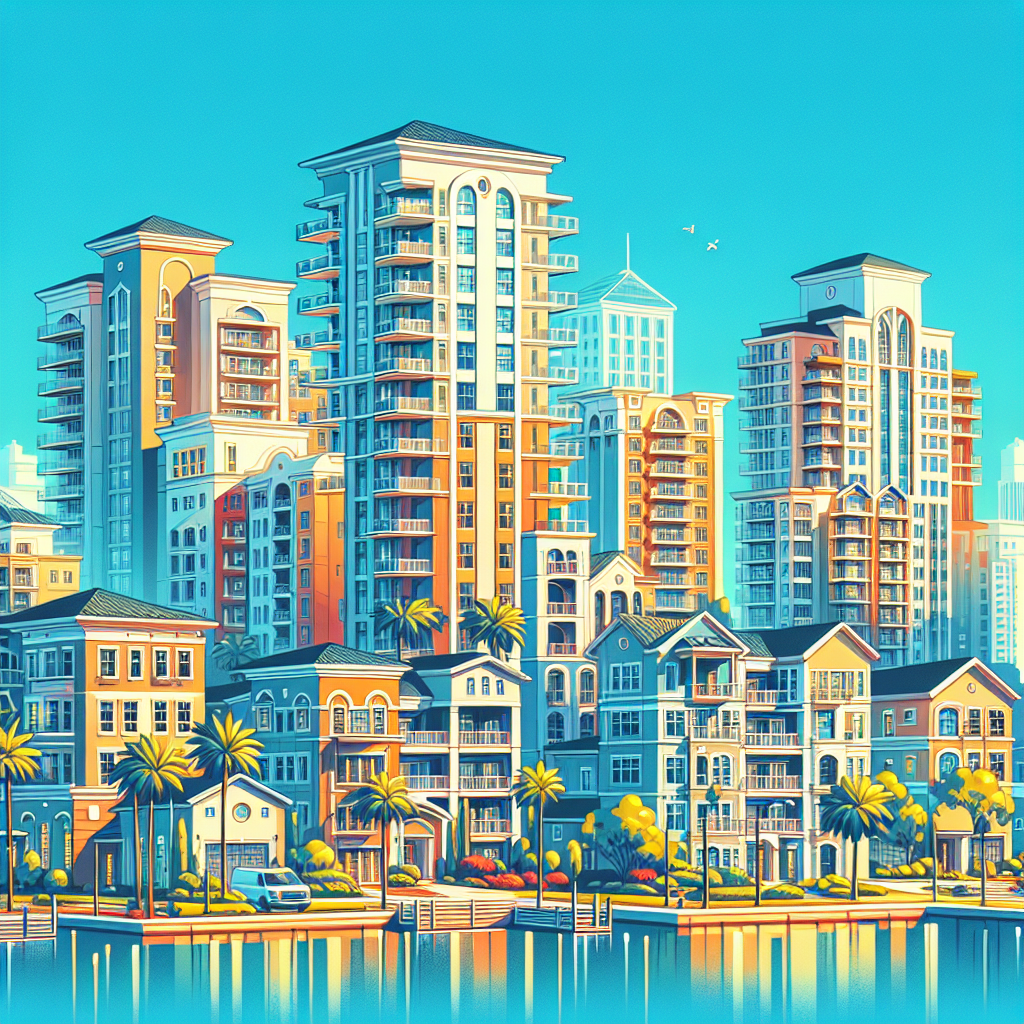A vibrant view of various types of Florida apartment complexes including luxury high-rises and cozy suburban buildings under a sunny sky.