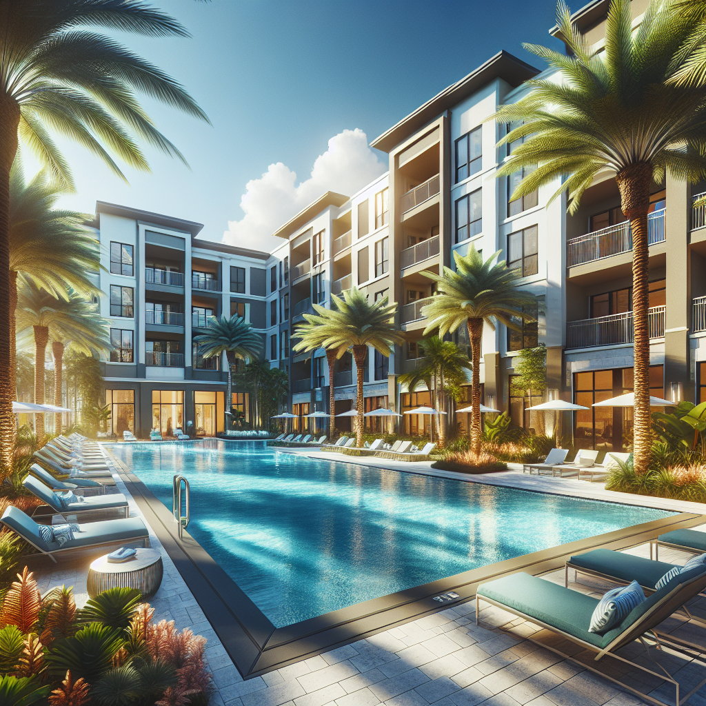 A vibrant swimming pool surrounded by palm trees at a modern Florida apartment complex
