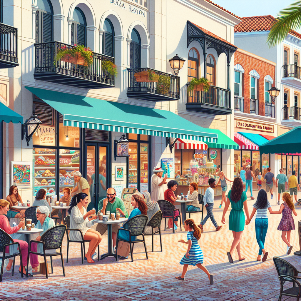 A vibrant street scene in Boca Raton showing shops and cafes with people enjoying outdoor seating
