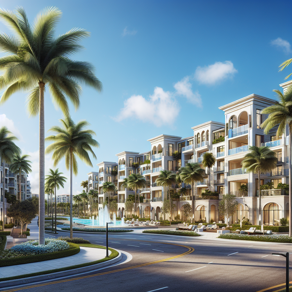 A picturesque view of Boca Raton with luxury apartments in the foreground and palm trees swaying under a bright blue sky