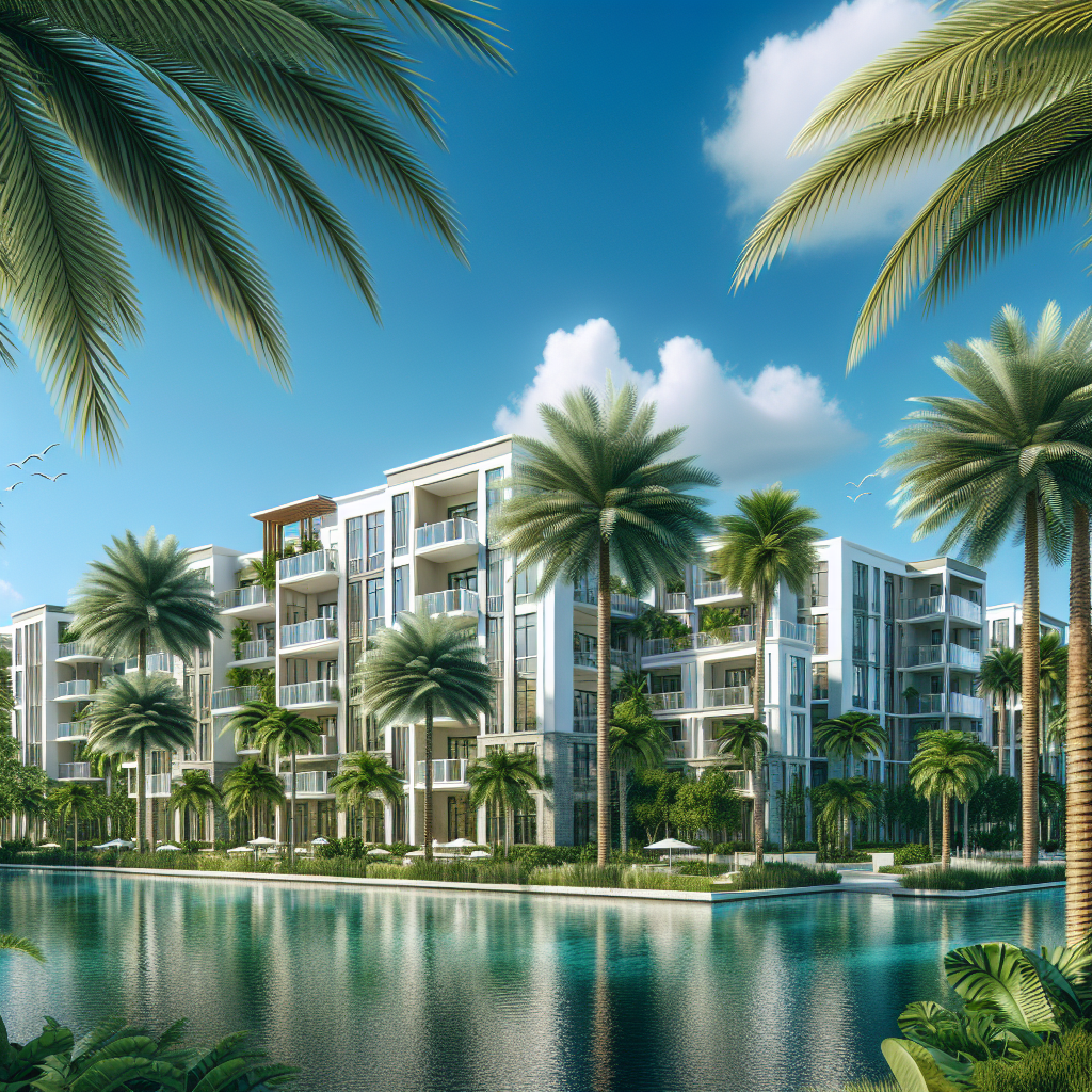 A modern apartment complex in Boca Raton with palm trees and a bright blue sky