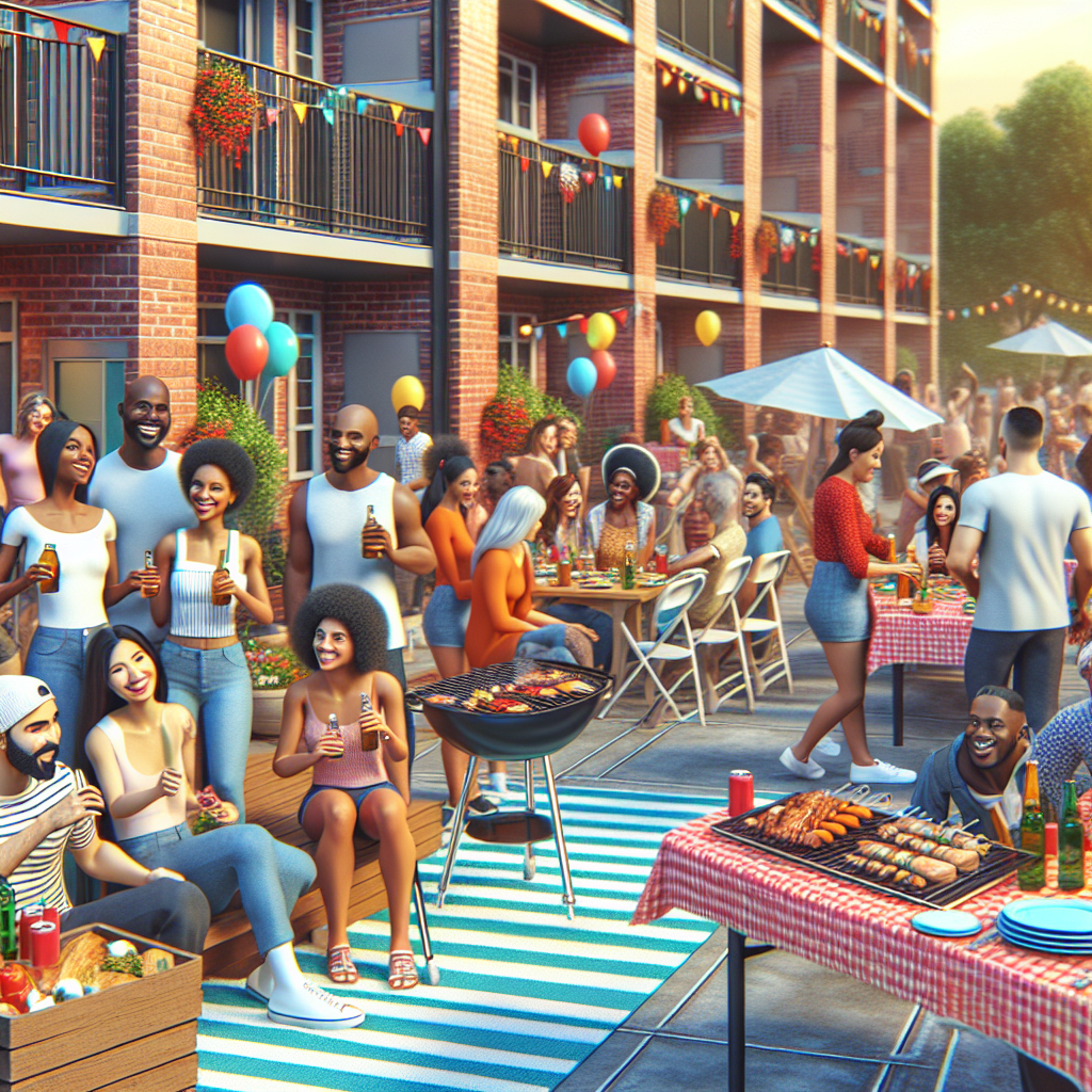 A vibrant community event at Boca Vue Apartments showcasing residents enjoying a barbecue party outdoors with colorful decorations