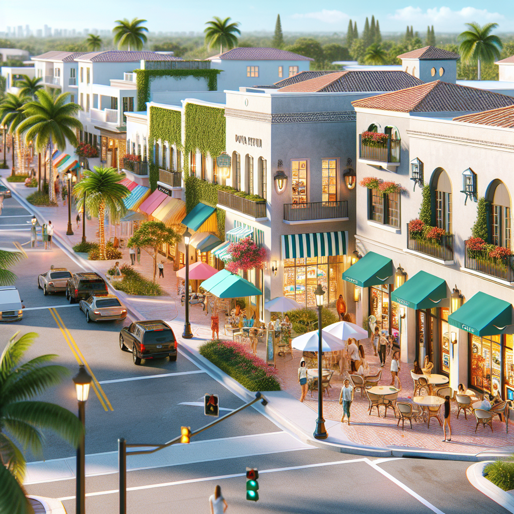A vibrant neighborhood scene showcasing local shops, cafes, and schools near Boca Vue Apartments in Boca Raton