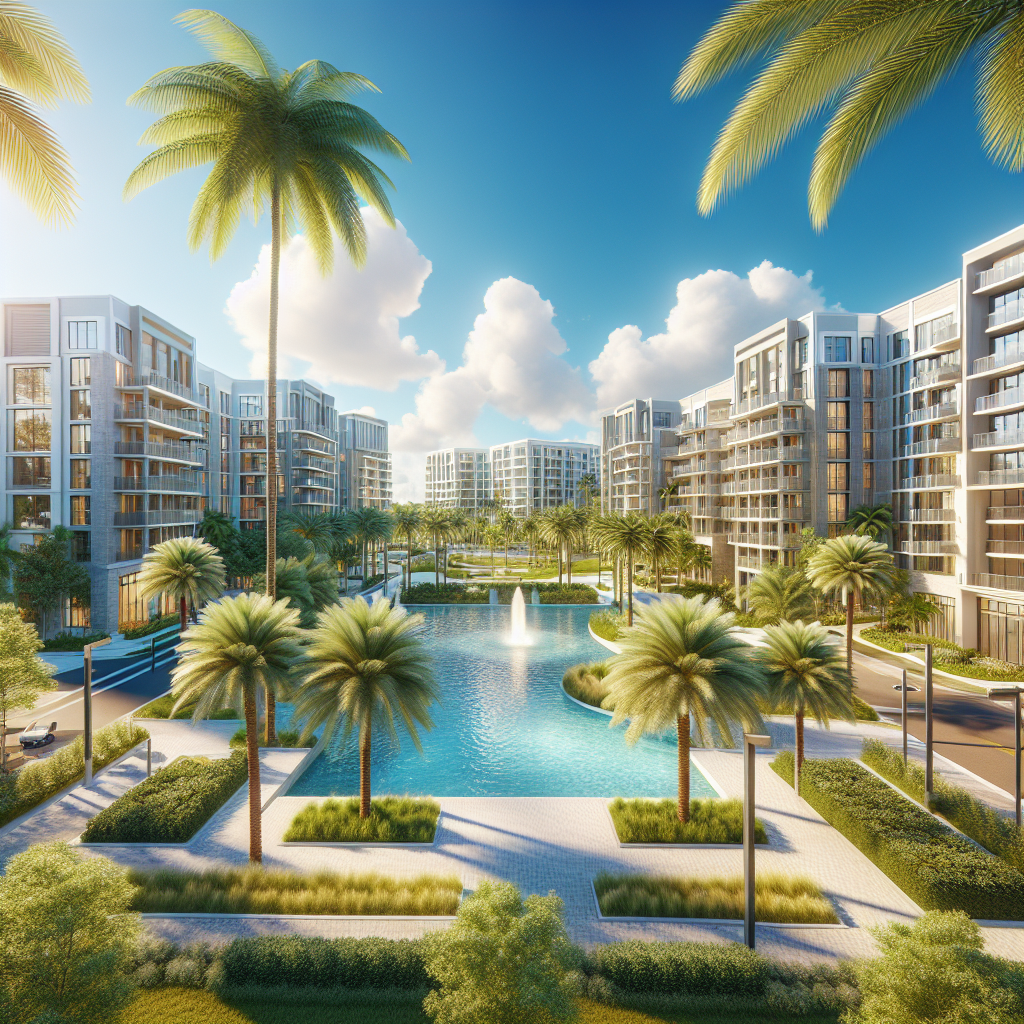 A sunny view of modern apartment complexes in Boca Raton with palm trees and a clear blue sky