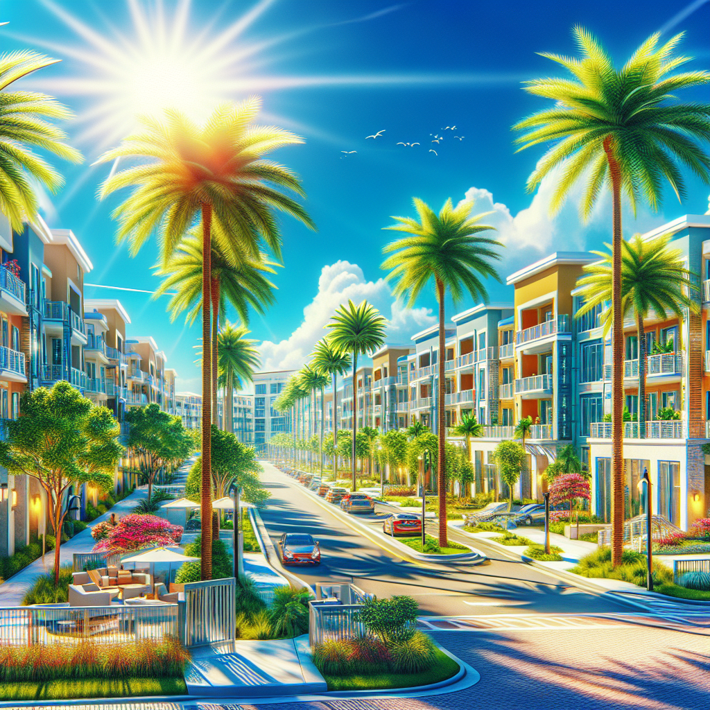 A vibrant view of modern apartment complexes in Boca Raton with palm trees and sunny skies