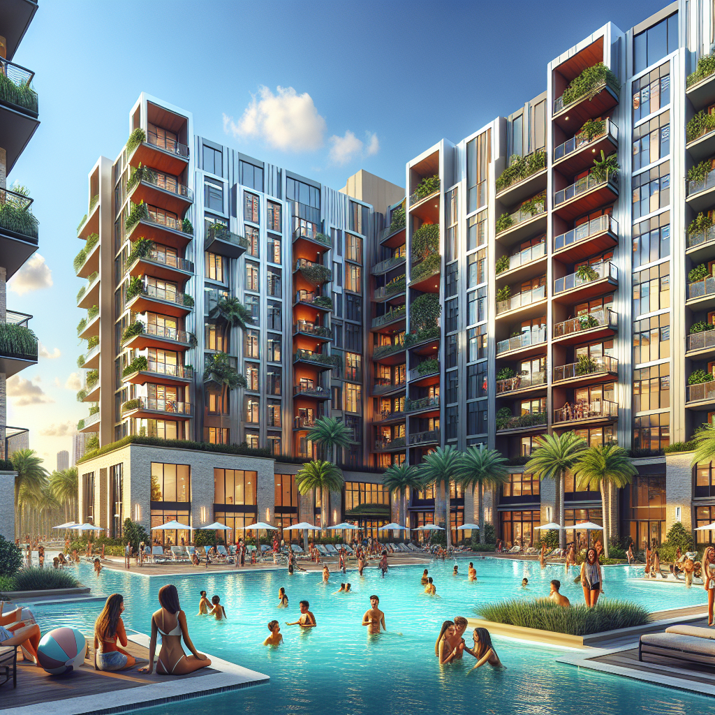 A vibrant student apartment complex in Boca Raton with modern architecture, students hanging out by the pool, and lush greenery around