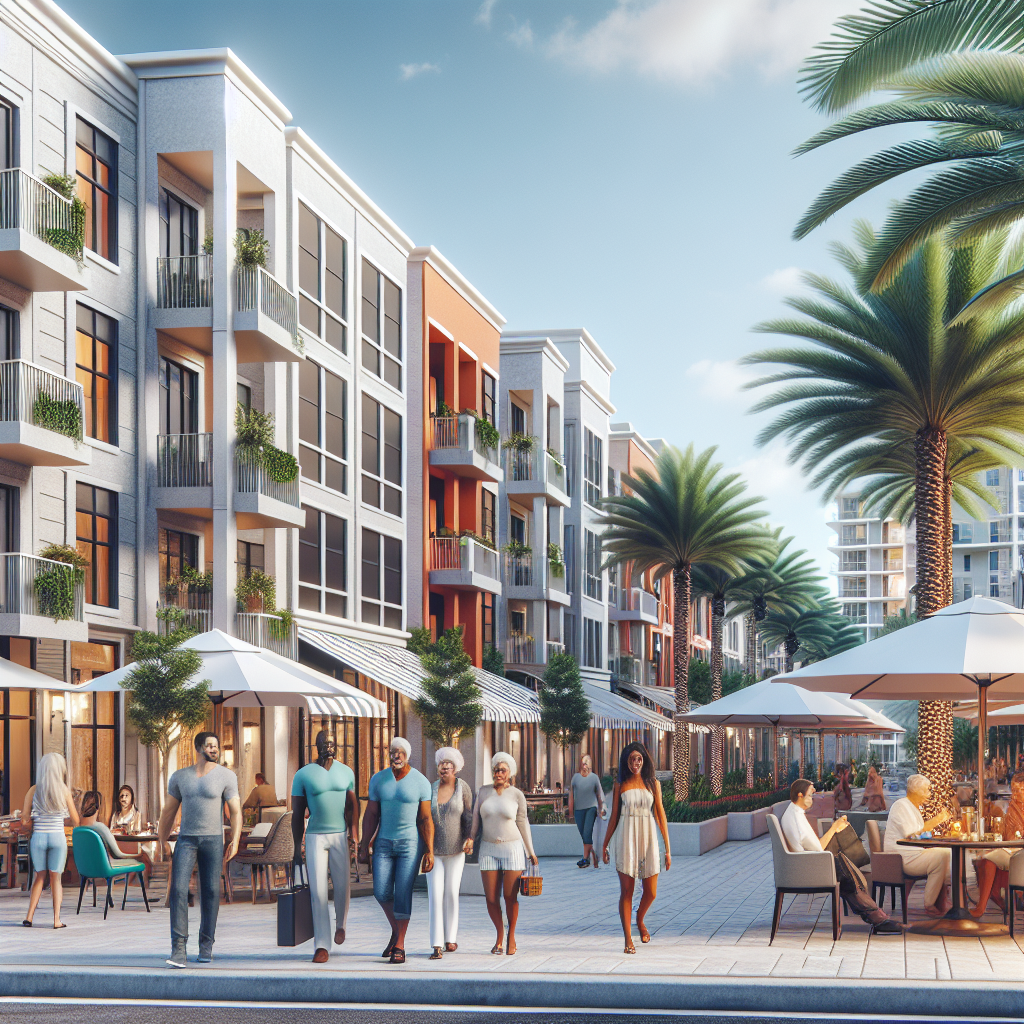 A vibrant street scene in downtown Boca Raton showcasing modern apartment buildings with palm trees lining the sidewalks and people enjoying outdoor cafes