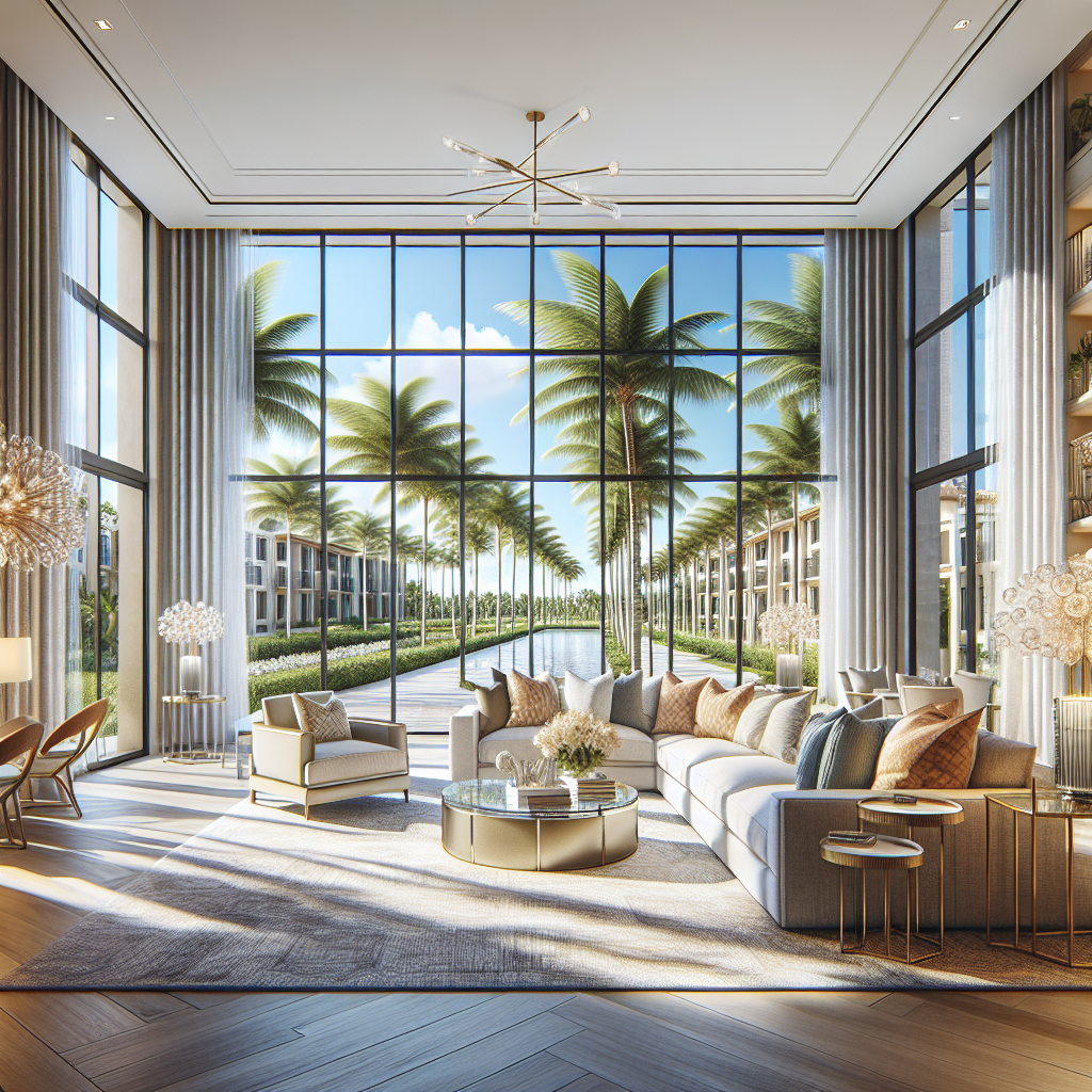 A luxurious apartment interior in Boca Raton with modern decor, large windows showing palm trees outside, and elegant furniture.