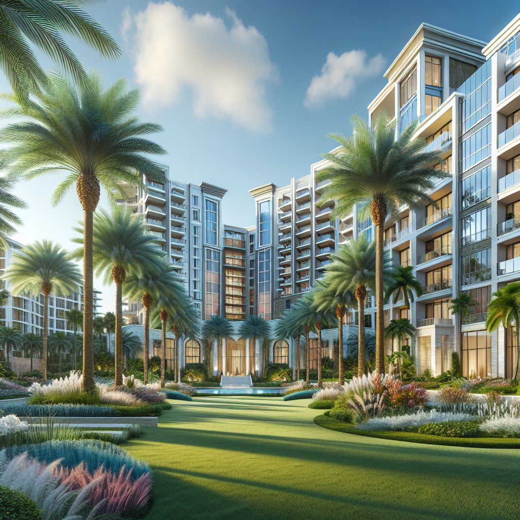 A luxurious apartment complex in Boca Raton with modern architecture and lush landscaping