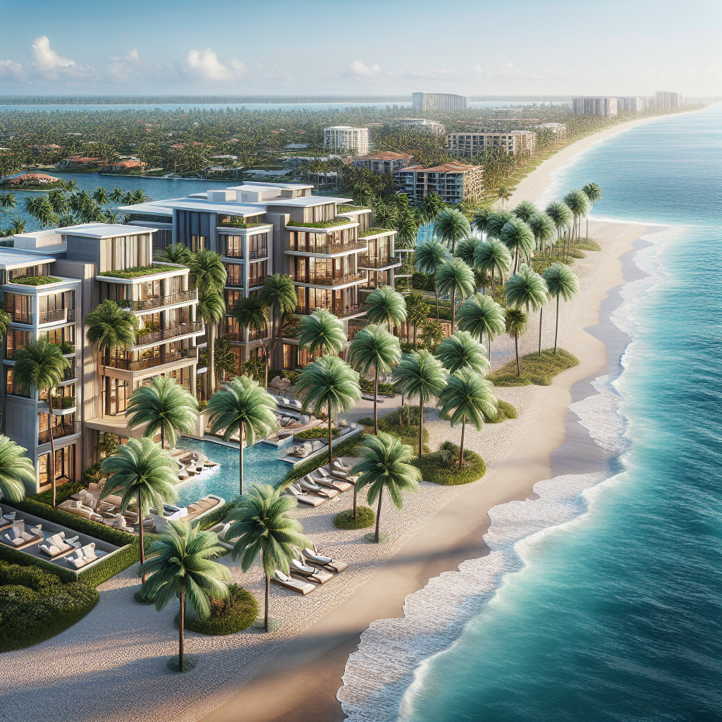 A stunning view of luxury apartments in Boca Raton with palm trees and beach nearby