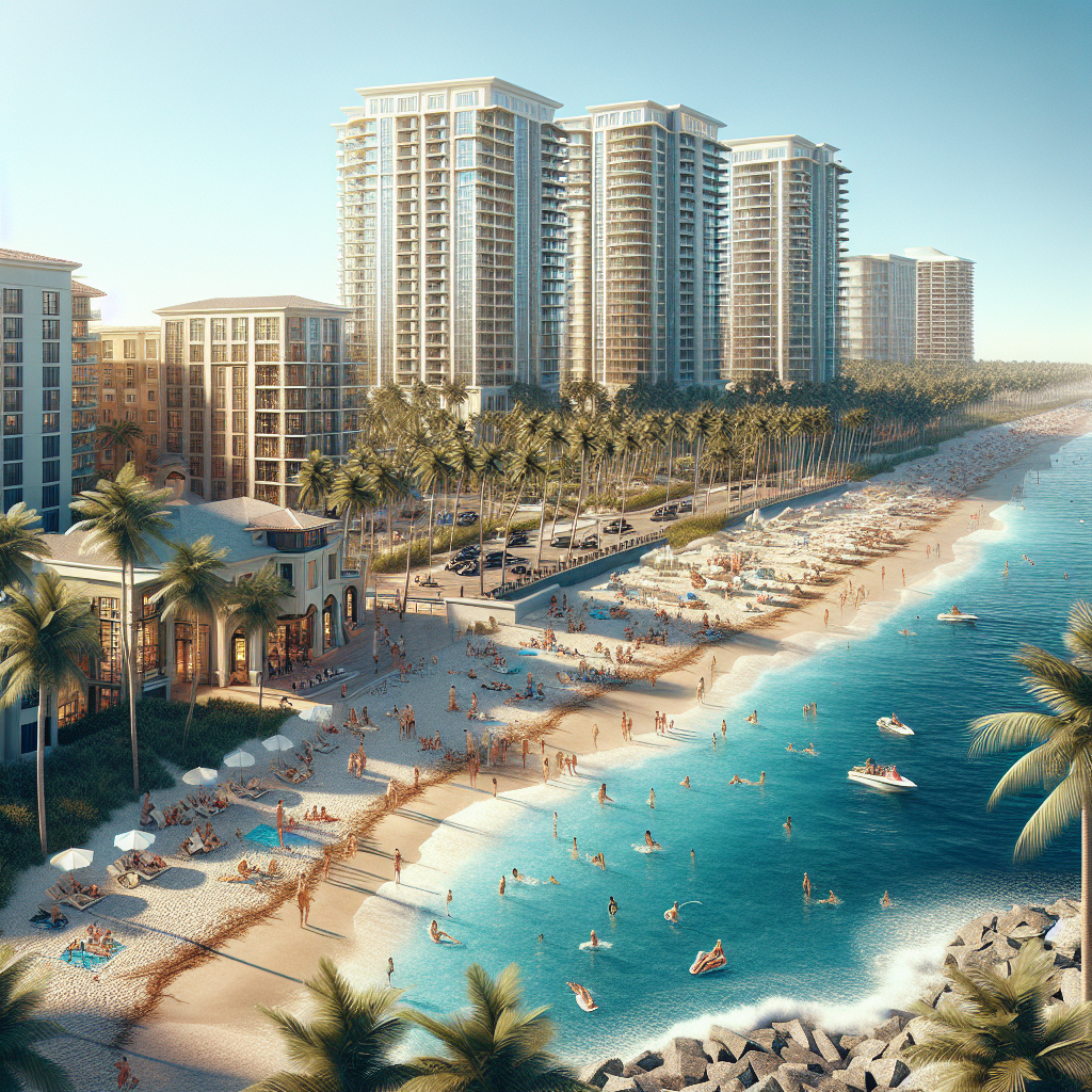 A sunny beach scene in Boca Raton, Florida with palm trees, luxury apartment buildings in the background, and people enjoying outdoor activities