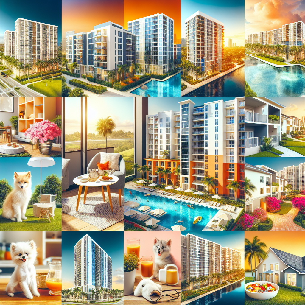 A vibrant collage of various apartment types available in Boca Raton, showcasing studio apartments, luxury high-rises, and pet-friendly spaces