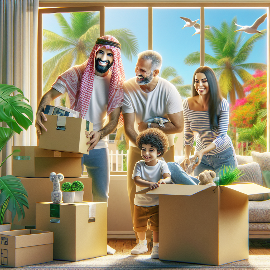 A cheerful family unpacking boxes in a bright Boca Raton apartment with tropical plants visible through the window
