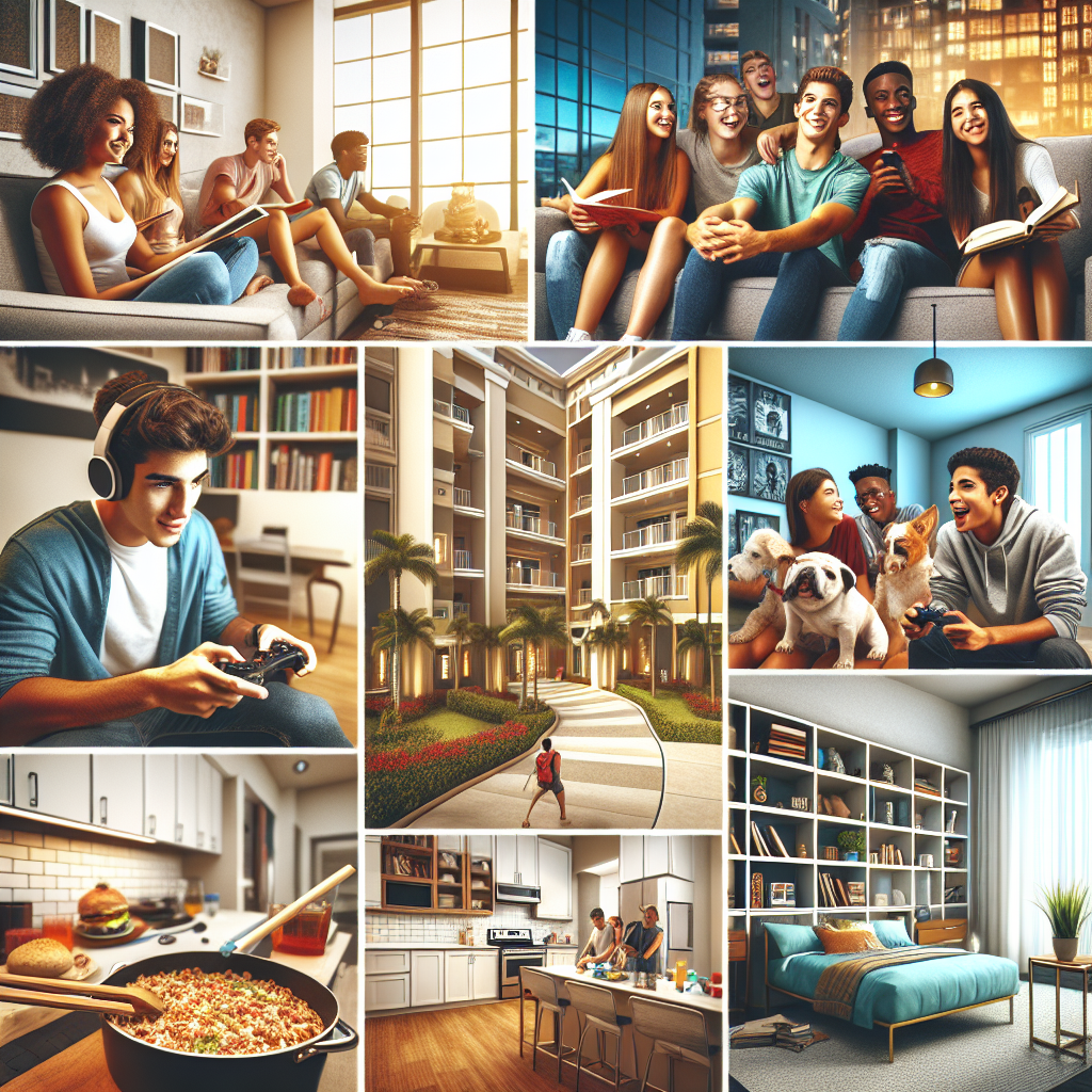 A vibrant collage of various off-campus apartments near Florida Atlantic University in Boca Raton, showcasing different styles like modern studios, luxury apartments, and shared living spaces with students enjoying their time.