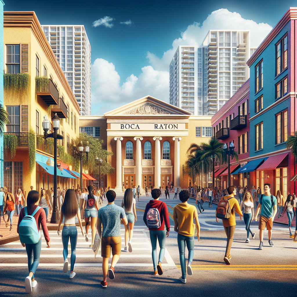 A vibrant street view of Boca Raton with students walking towards Florida Atlantic University, showcasing various apartment buildings and local shops