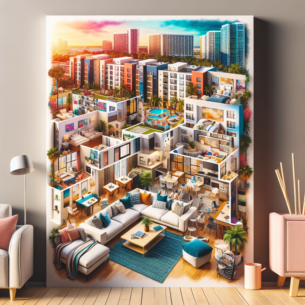 A vibrant collage showcasing various types of student apartments in Boca Raton, including studio apartments, luxury living spaces, shared accommodations with friends, and furnished units.