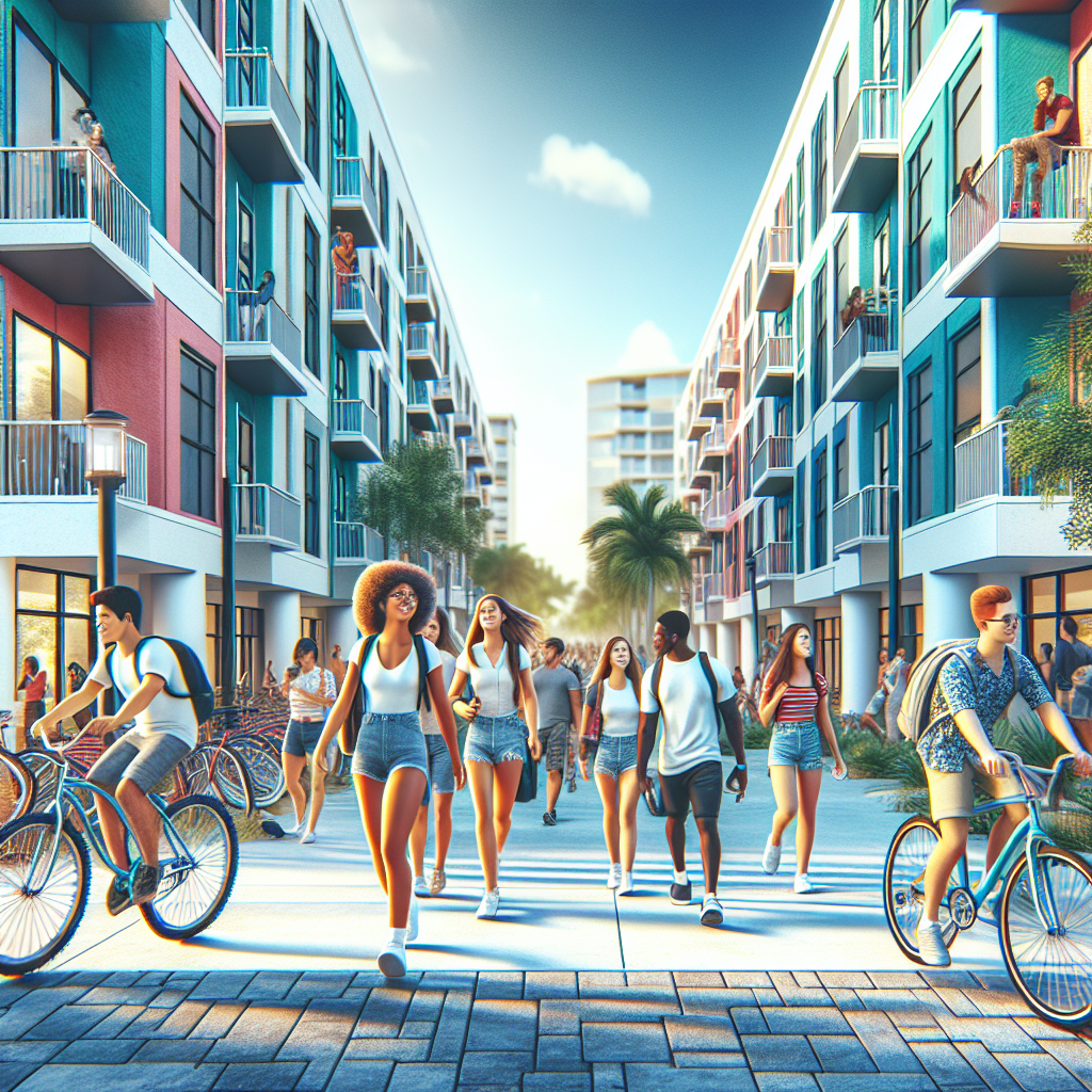 A vibrant college neighborhood in Boca Raton with students walking and biking past affordable apartments