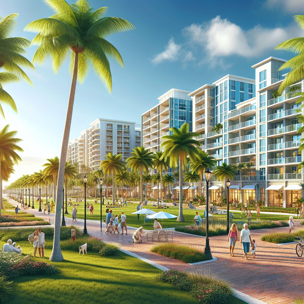 A vibrant street view of Boca Raton showcasing palm trees, modern apartment buildings, and people enjoying outdoor activities