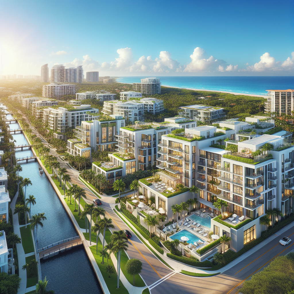A vibrant aerial view of Boca Raton showcasing luxury apartment communities near the beach