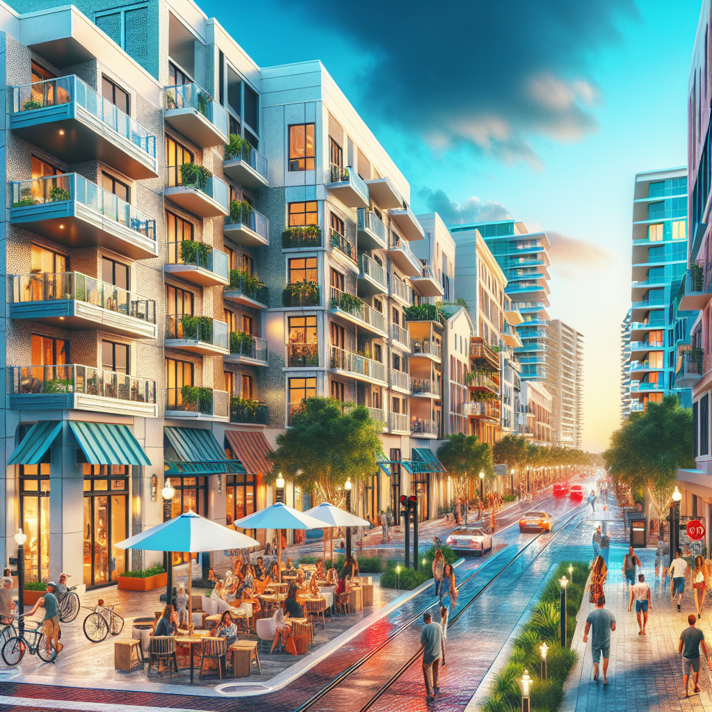 A vibrant street view of downtown Boca Raton showcasing modern apartment buildings surrounded by cafes and shops