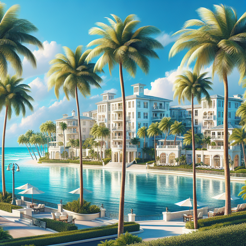 A picturesque view of luxury apartments in Boca Raton with palm trees and ocean view