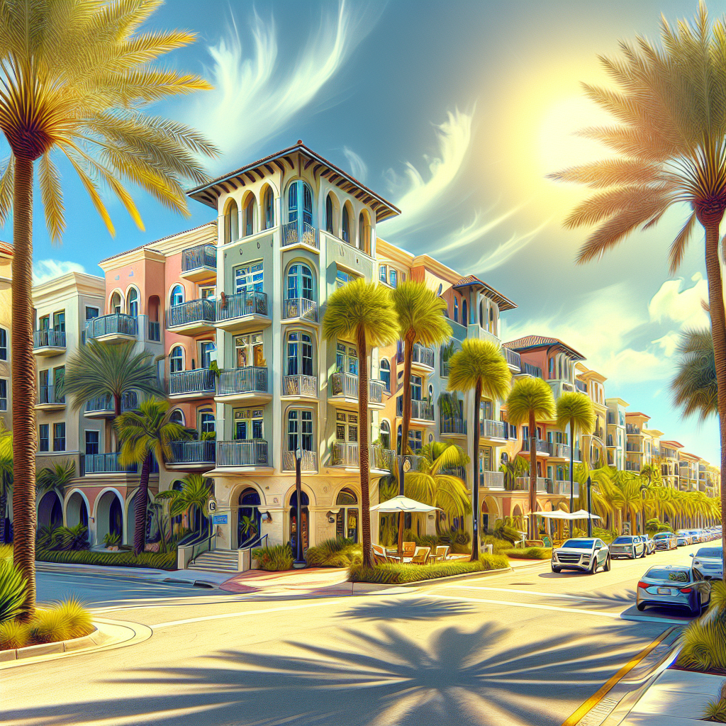 A vibrant street scene in Boca Raton showcasing various apartment buildings with palm trees and sunny weather
