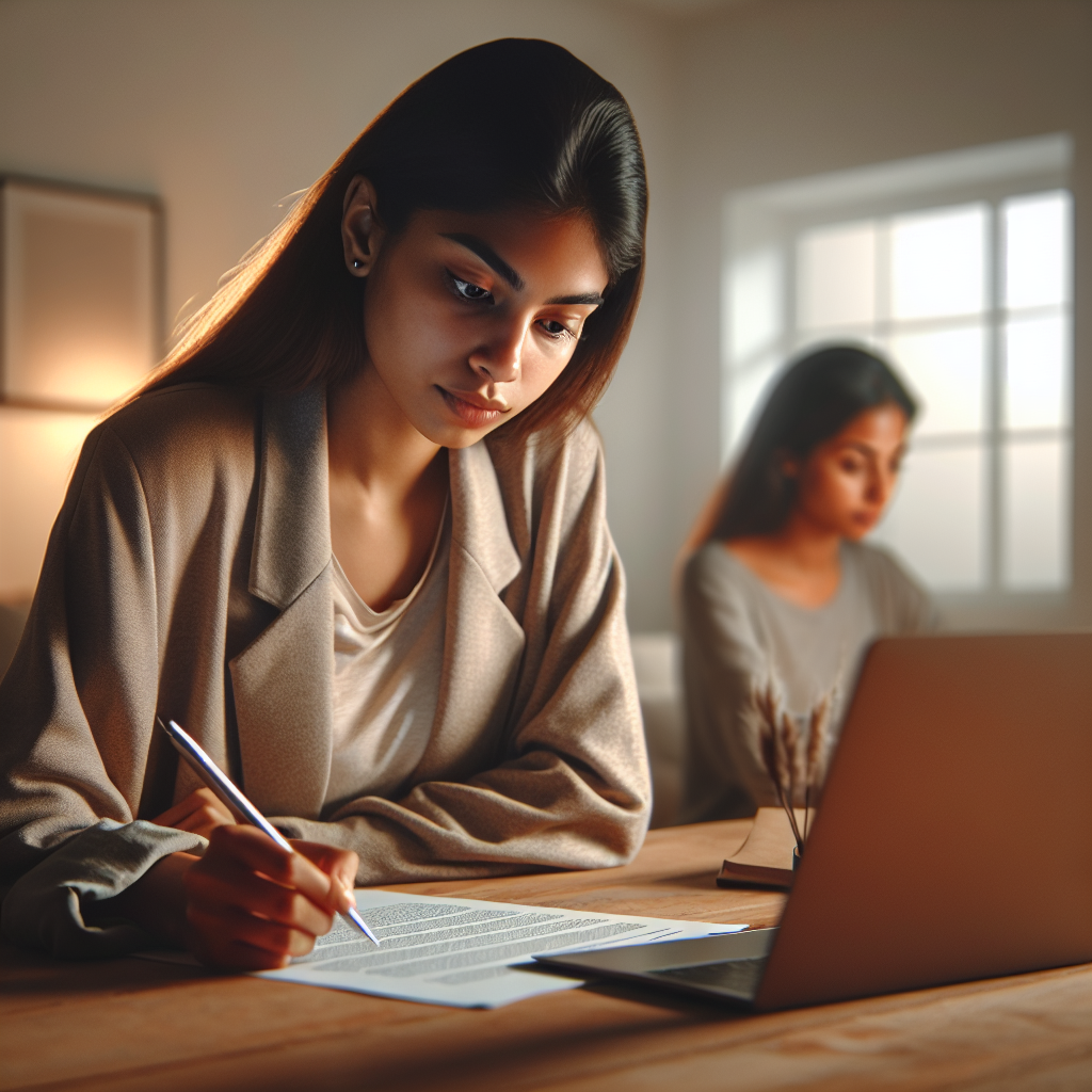 A young professional reviewing a lease agreement with a laptop open in an apartment setting