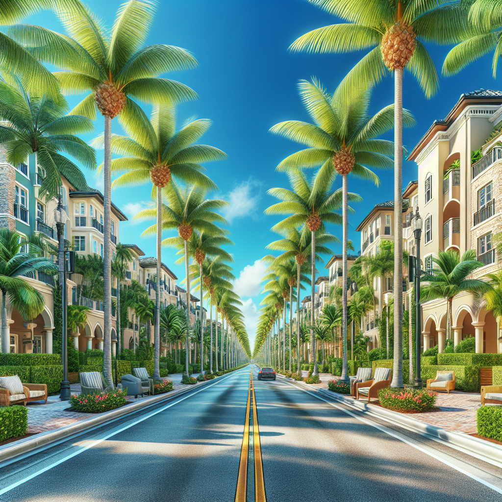 A vibrant street view of Palm Beach Gardens showcasing luxury apartment complexes with palm trees and blue skies