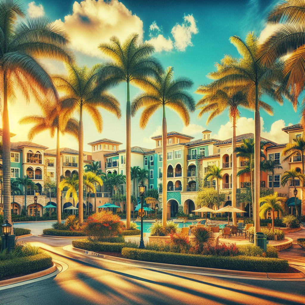A vibrant community scene showcasing diverse apartment complexes in Palm Beach Gardens with palm trees and sunny weather
