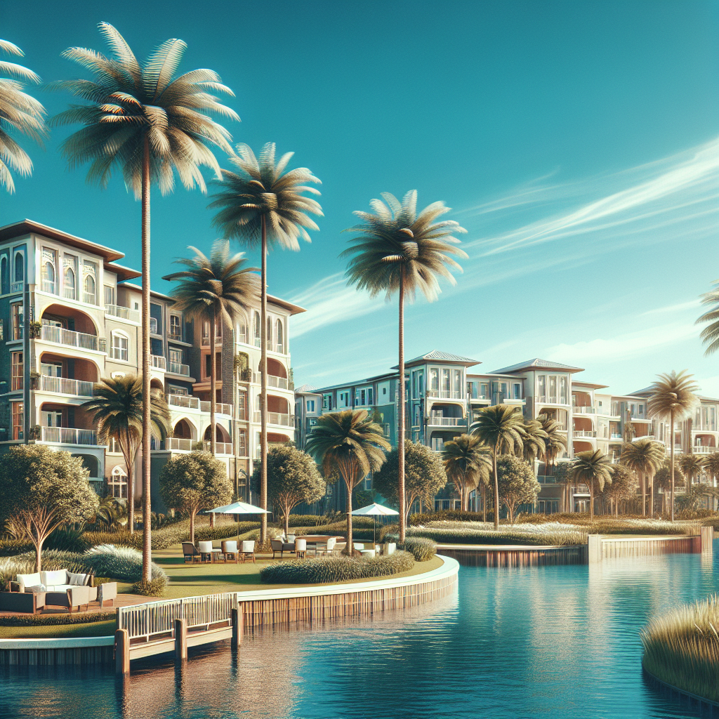 A scenic view of luxury apartment complexes in Boca Raton with palm trees and blue skies