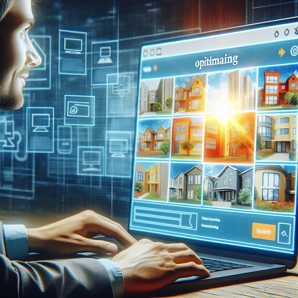 A person navigating through various apartment listings on a laptop with colorful graphics showing different types of apartments
