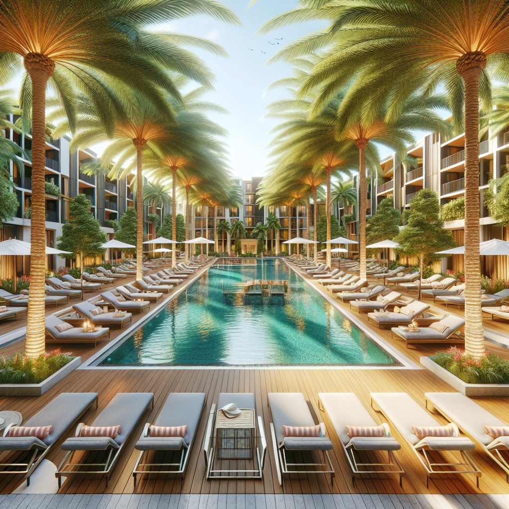 A vibrant community pool area at luxury apartments in Bella Vista with sun loungers and palm trees