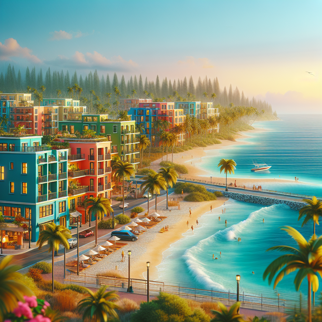 A vibrant beach scene in Florida with colorful rental apartments nearby, showcasing a mix of modern and tropical architecture