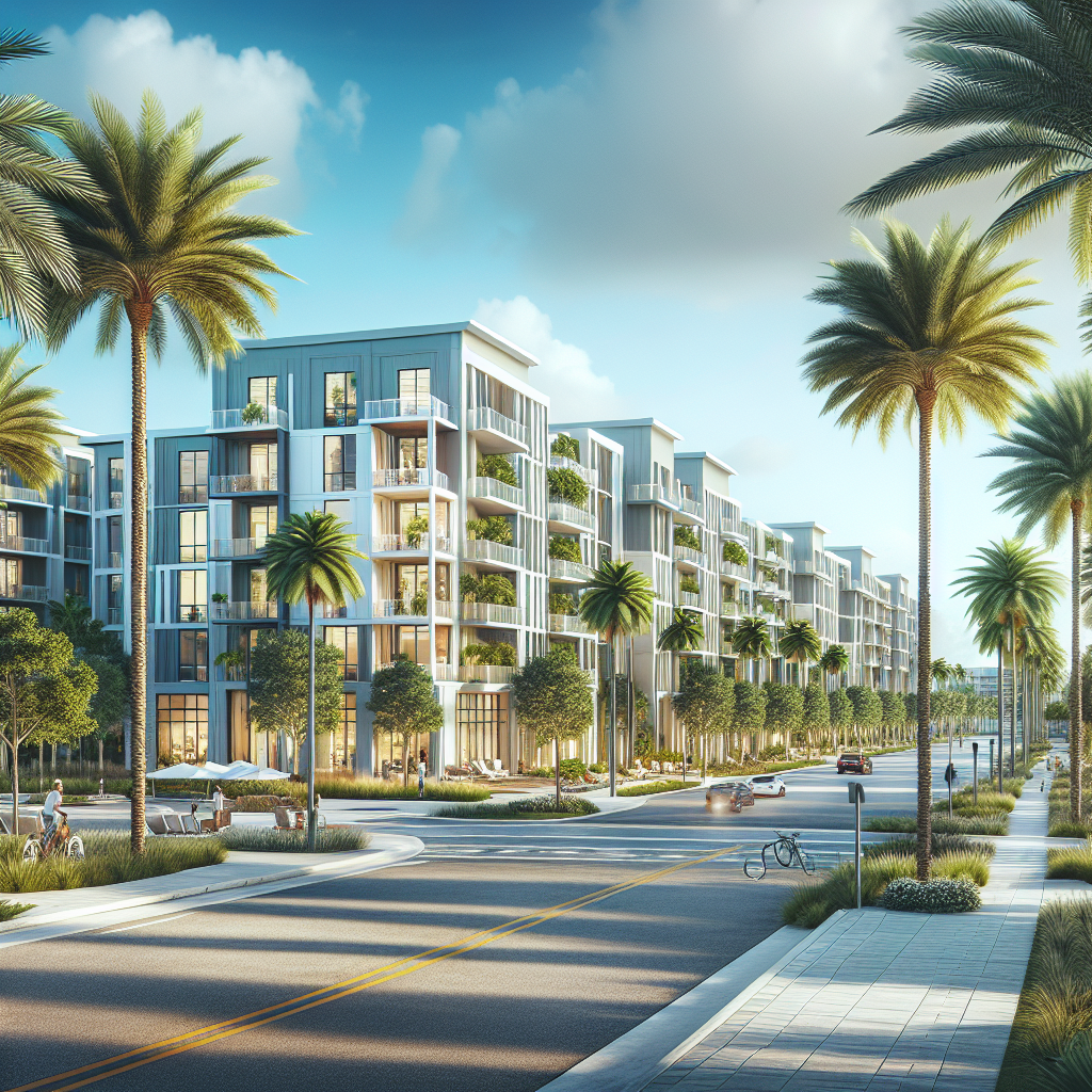 A vibrant urban landscape in Boca Raton showcasing modern apartments with palm trees