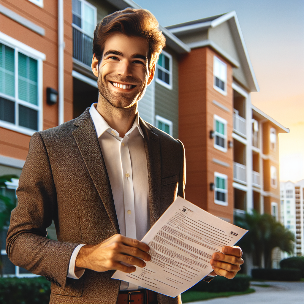 A cheerful young professional holding rental application documents in front of an apartment building in Boca Raton, Florida
