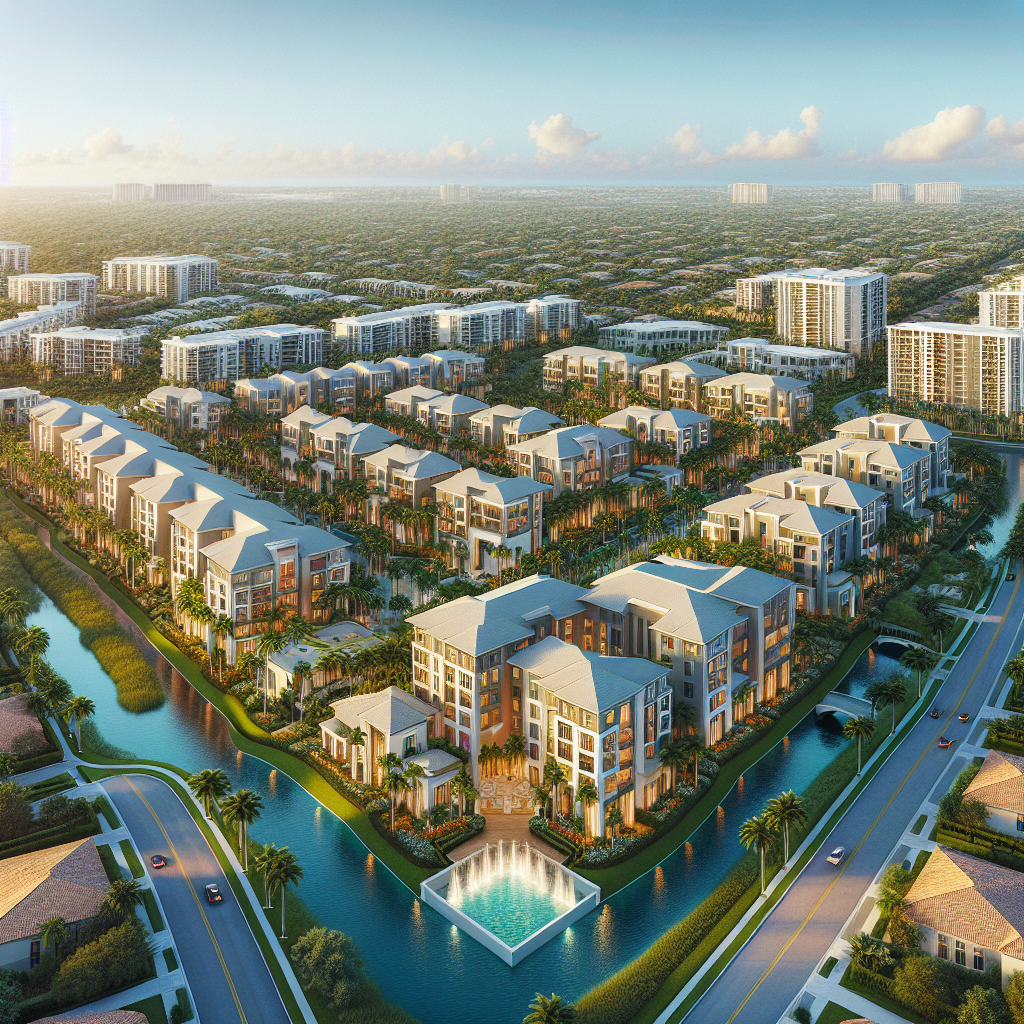 Aerial view of luxury apartment communities in Boca Raton showcasing modern architecture and lush landscaping