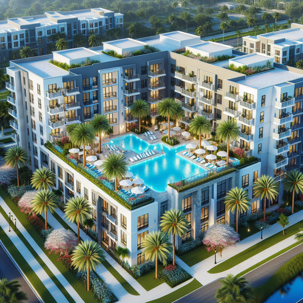A luxurious apartment complex in Boca Raton featuring a rooftop pool, modern amenities, and palm trees