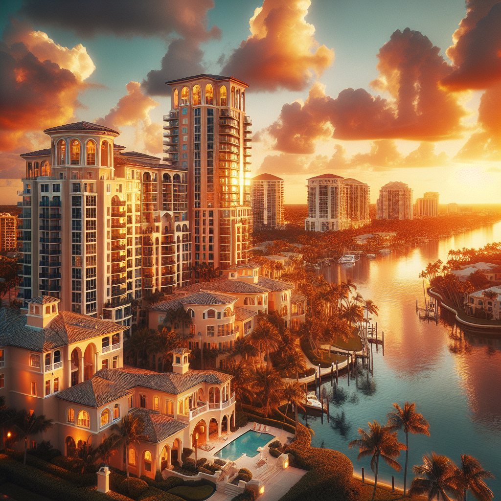A vibrant view of luxury apartment buildings along the beach in Boca Raton, Florida during sunset