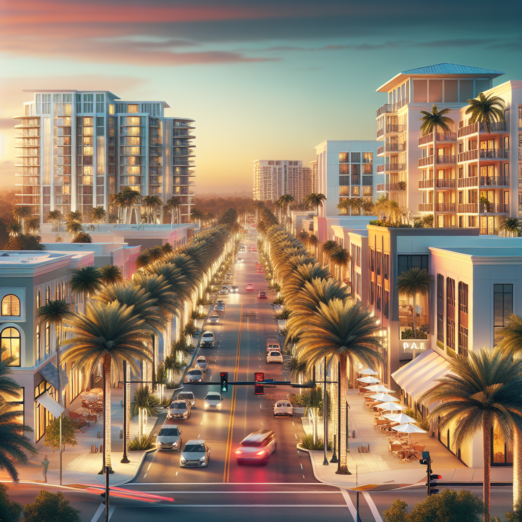 A vibrant view of downtown Boca Raton with palm trees lining the streets and modern apartment buildings