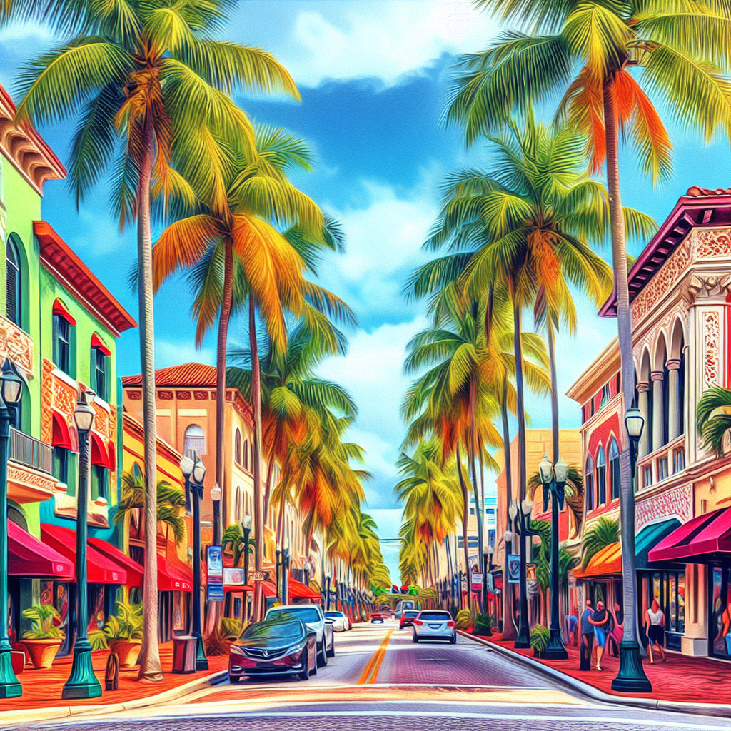 A vibrant street view of downtown Boca Raton with palm trees lining the sidewalks, showcasing restaurants and shops