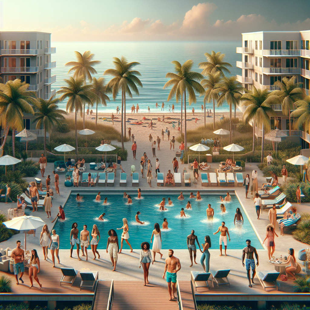 A vibrant view of Boca Raton with palm trees, beachfront apartments, and young professionals enjoying outdoor activities