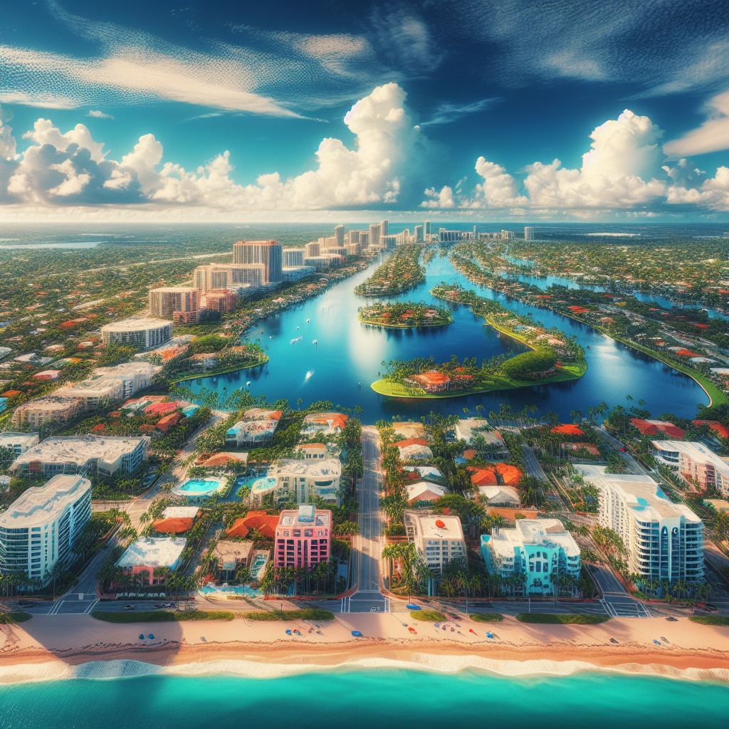 A vibrant aerial view of Boca Raton showcasing its beautiful beaches, lush parks, and modern apartment complexes under a bright blue sky