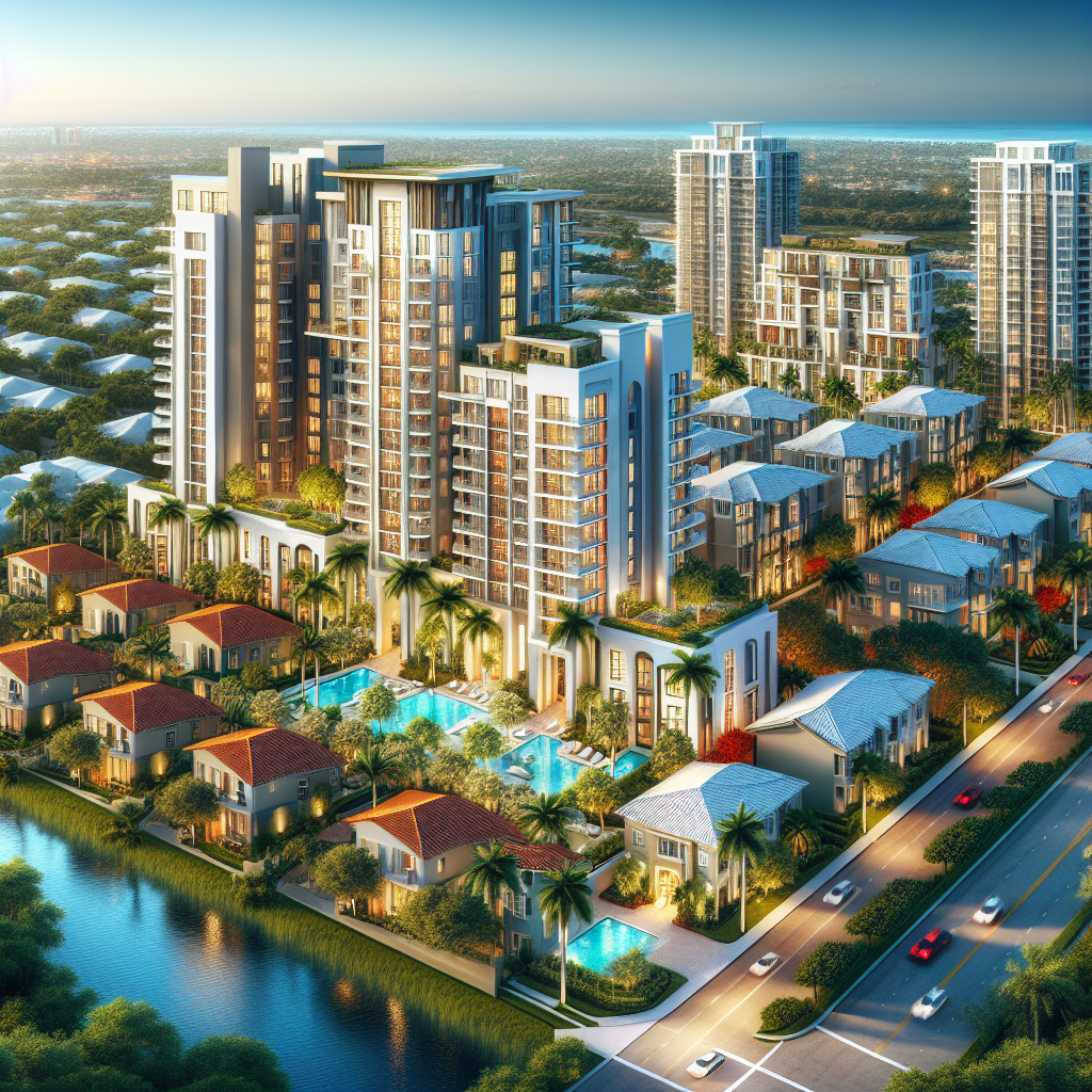 A vibrant neighborhood scene in Boca Raton showcasing various apartment styles including modern high-rises and cozy garden-style homes