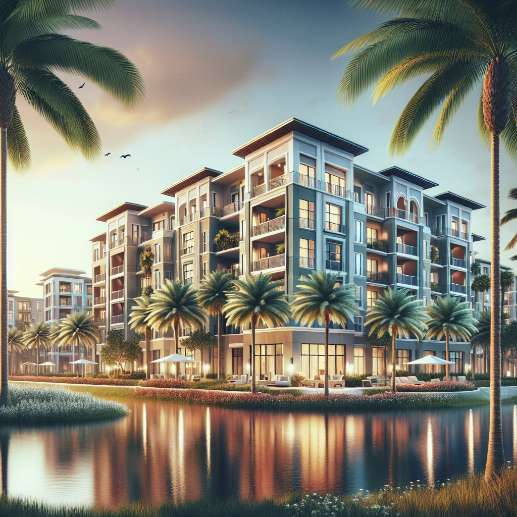 A vibrant apartment community with palm trees and modern architecture in Boca Raton, Florida