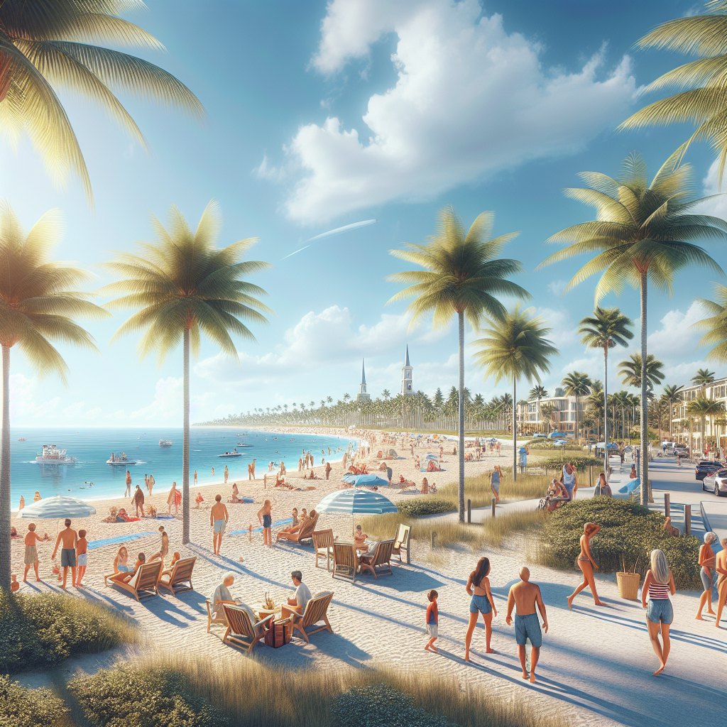 A sunny beach in Boca Raton with palm trees and people enjoying leisure activities