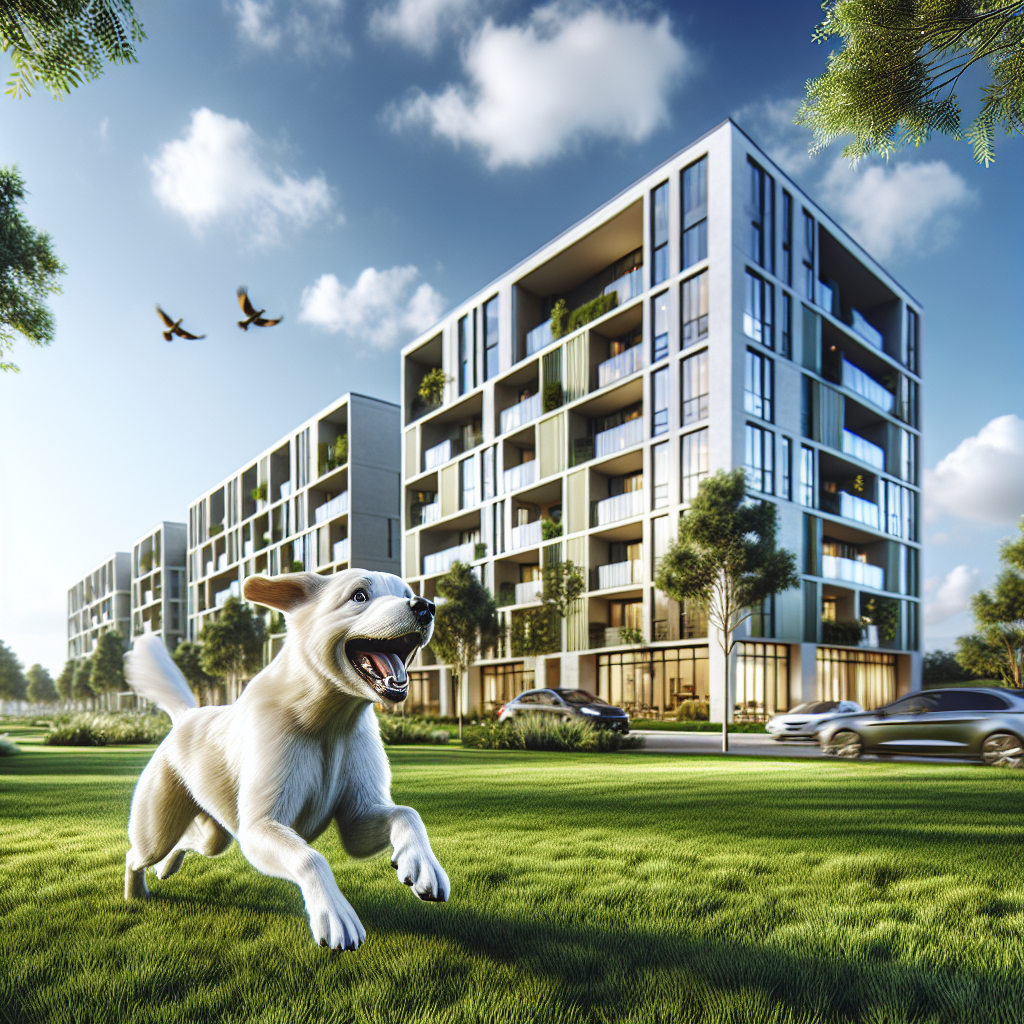 A happy dog playing in a park near a modern apartment complex in Boca Raton