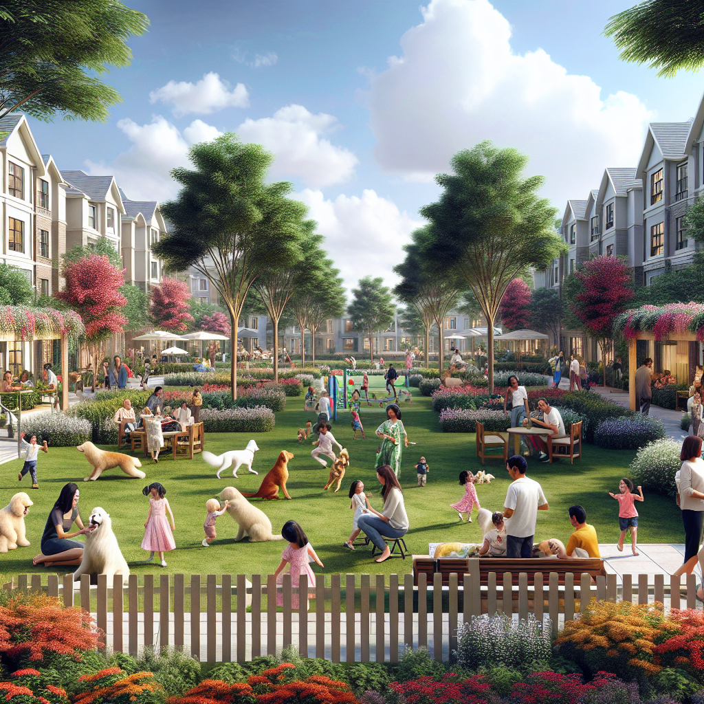 A vibrant community scene at Cynthia Gardens featuring happy pets playing in green spaces with residents enjoying outdoor amenities